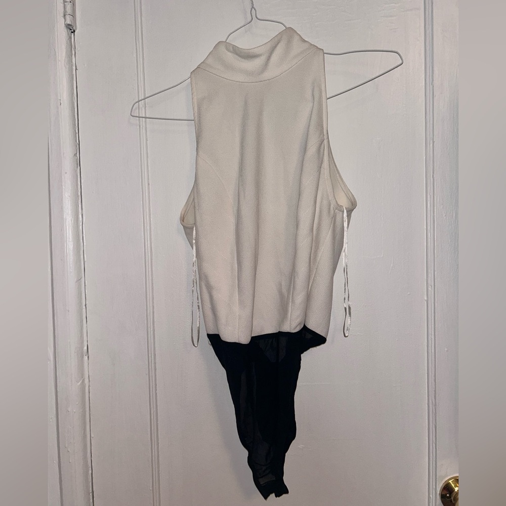 White, open back, mock neck bodysuit